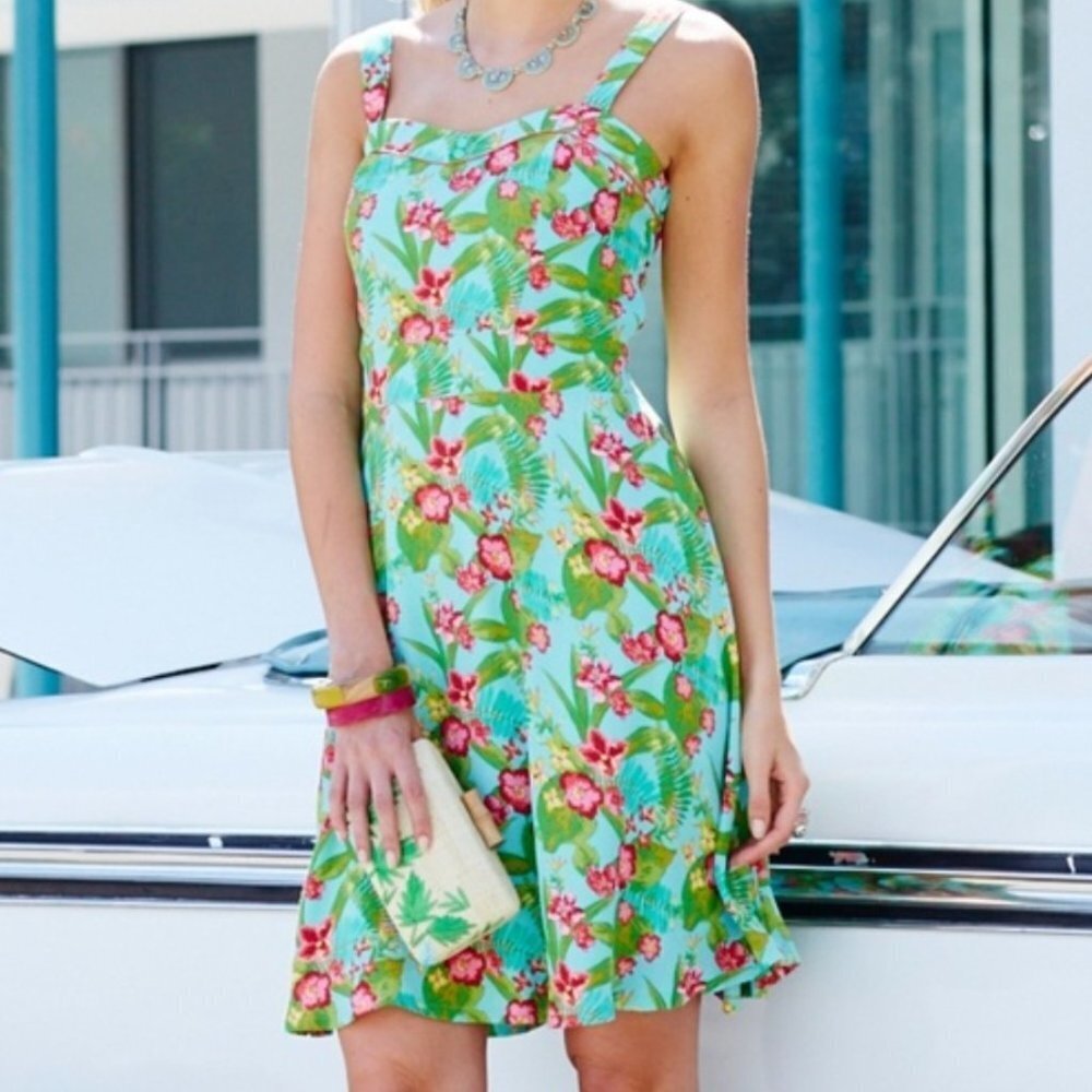 Matilda Jane Hello Lovely By The Bay Sundress 6‎ Dress Aqua Blue Floral Hibiscus
